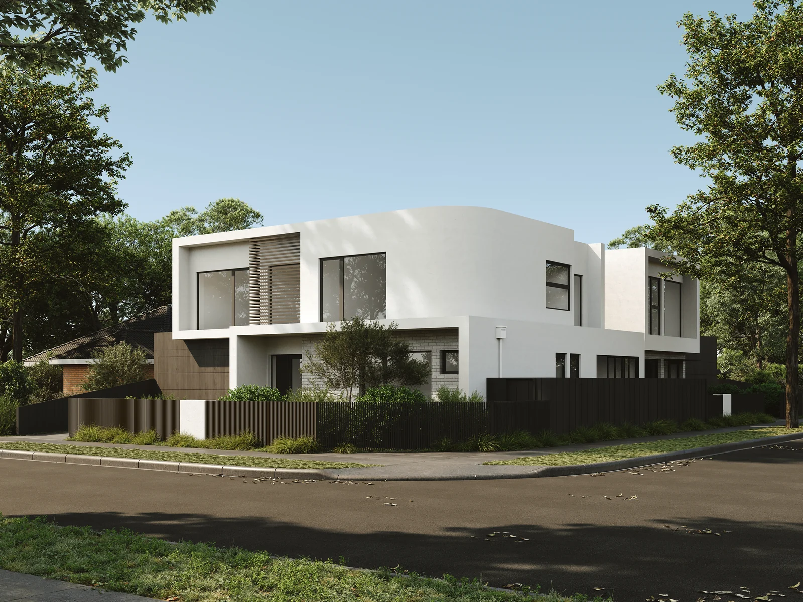 Architectural render of Henry Street viewed from the corner, with white exterior forms and landscaped frontage