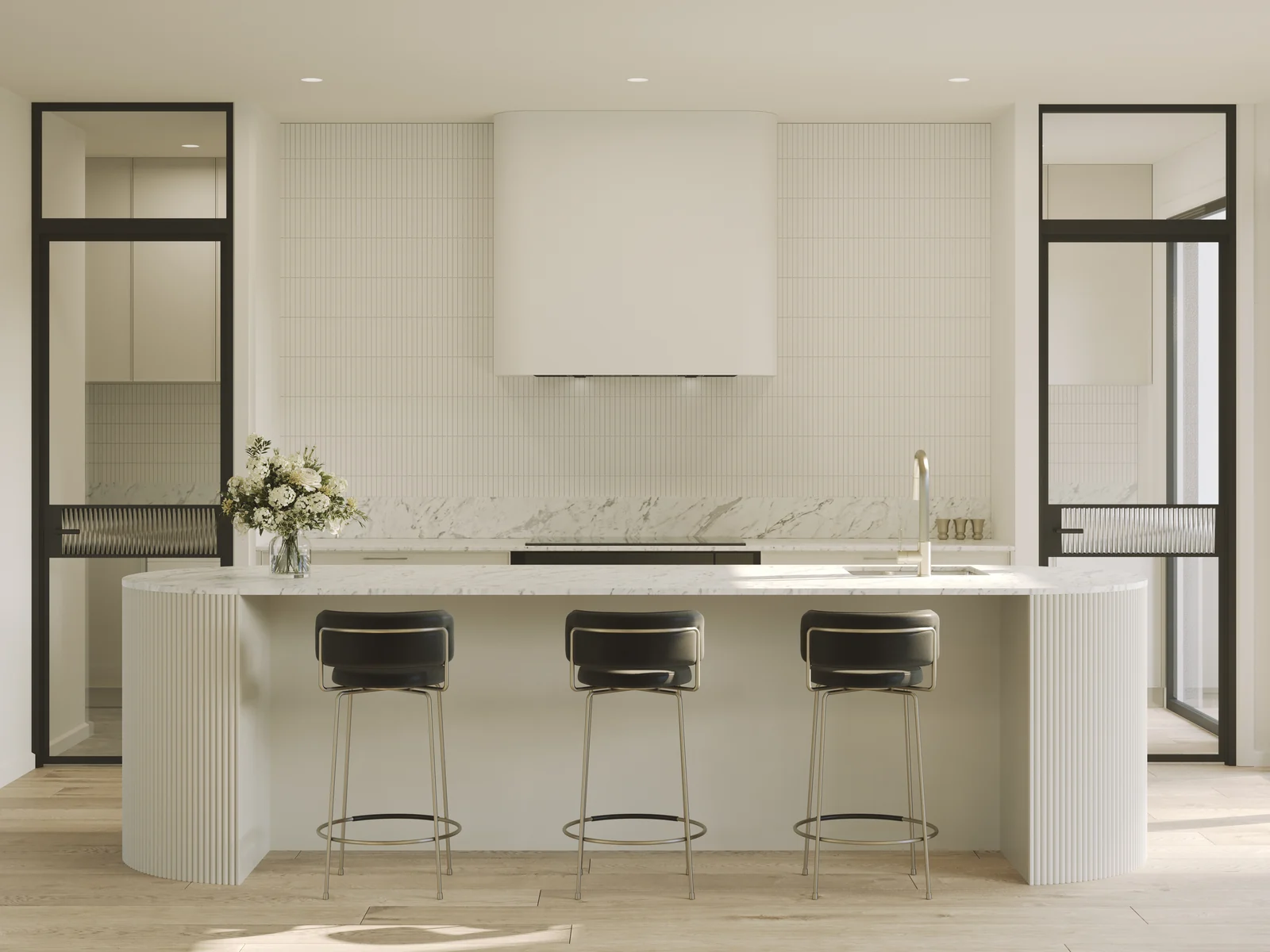 Architectural render of Henry Street kitchen with a curved island and light-toned joinery