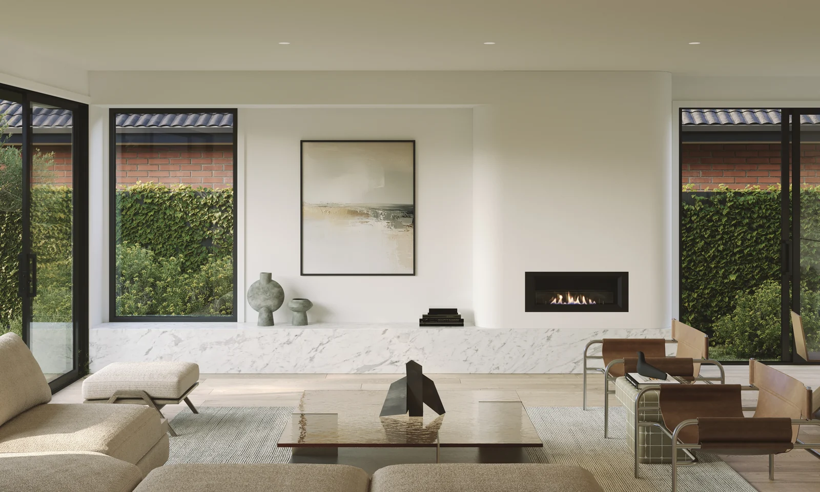 Architectural render of Henry Street living space with a fireplace, pale furnishings and garden outlook